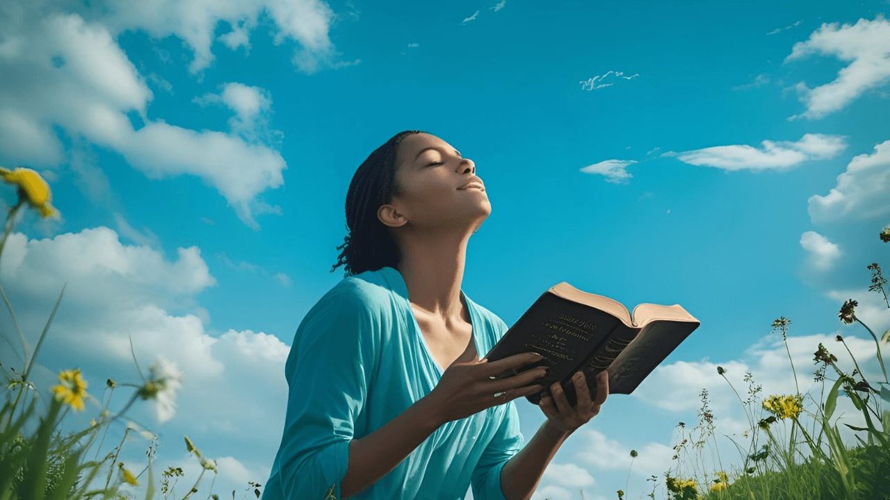 Mulher segurando a bíblia orando sob a luz do amanhecer, representando esperança em Deus