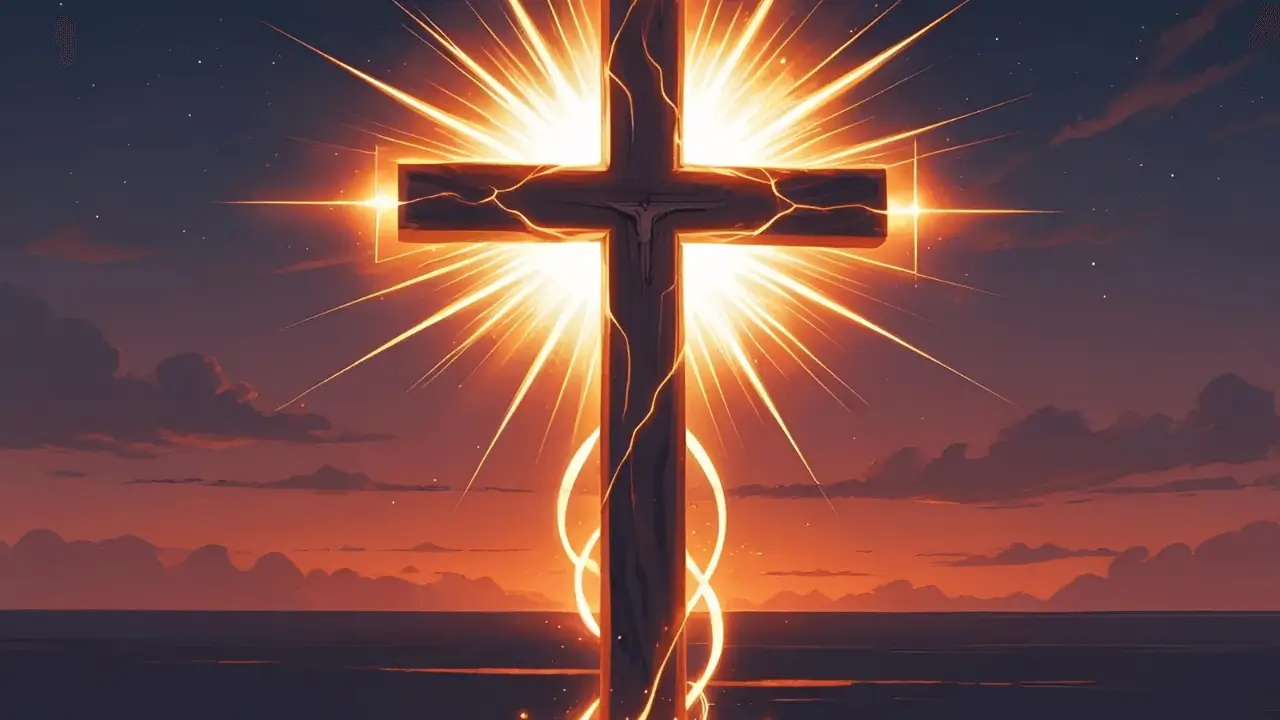 Cruz iluminada simbolizando o perdão de Jesus e a transformação do coração cristão