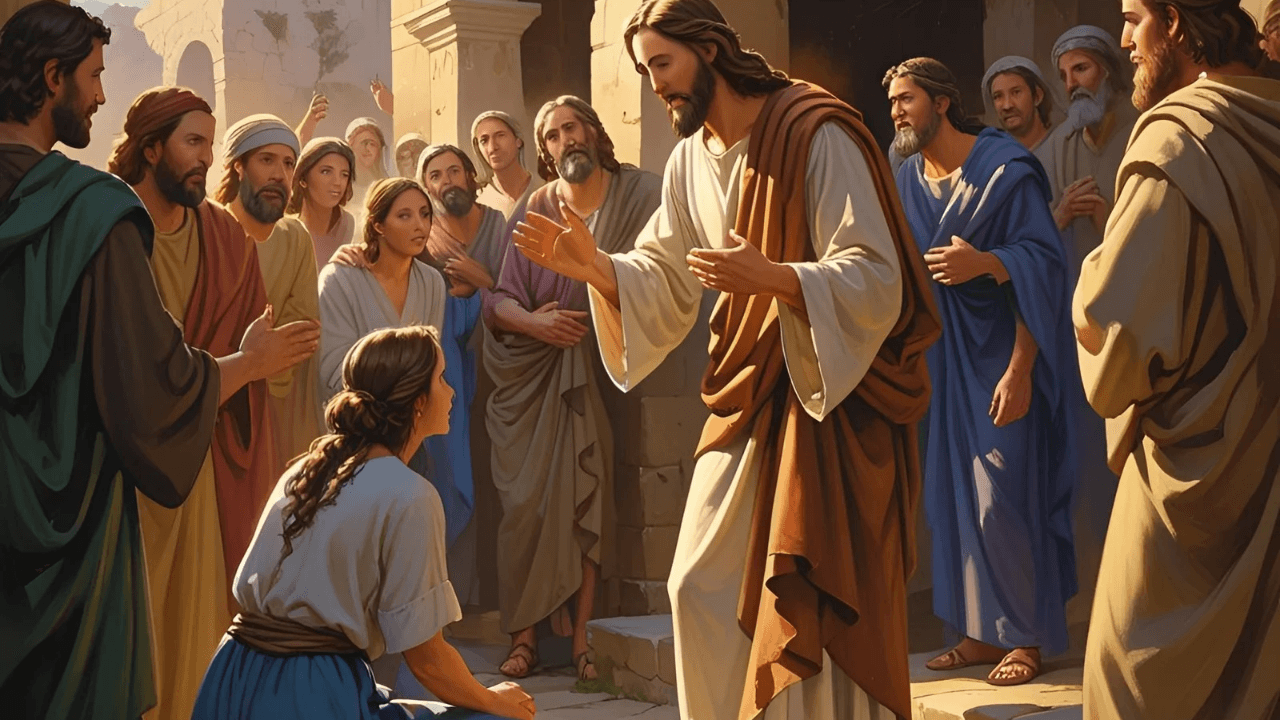 Imagem de Jesus perdoando a mulher adúltera, mostrando a misericórdia e graça