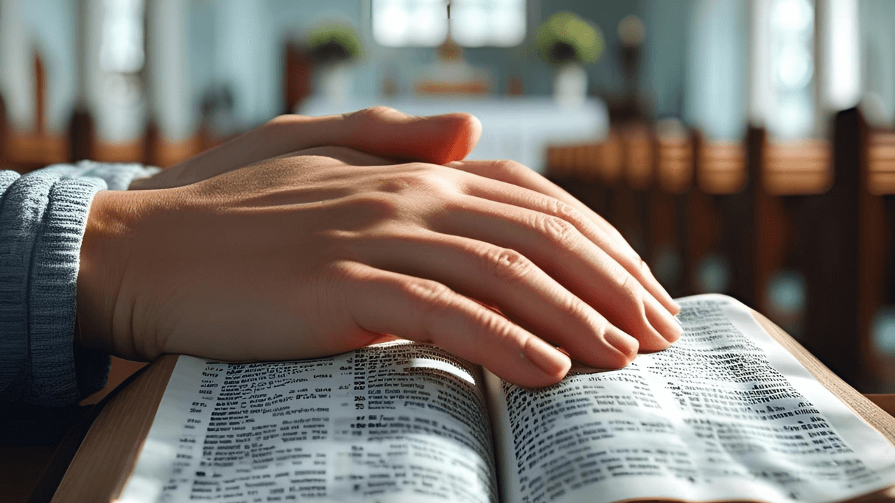 Mãos em oração sobre a bíblia – Pessoa orando antes de ler a Palavra de Deus em seu devocional diário