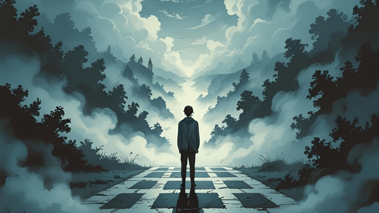 Imagem de um jovem em uma rua com neblina. 