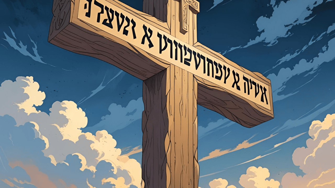 Imagem de uma cruz escrito. "Jesus Nazareno, Rei dos Judeus"