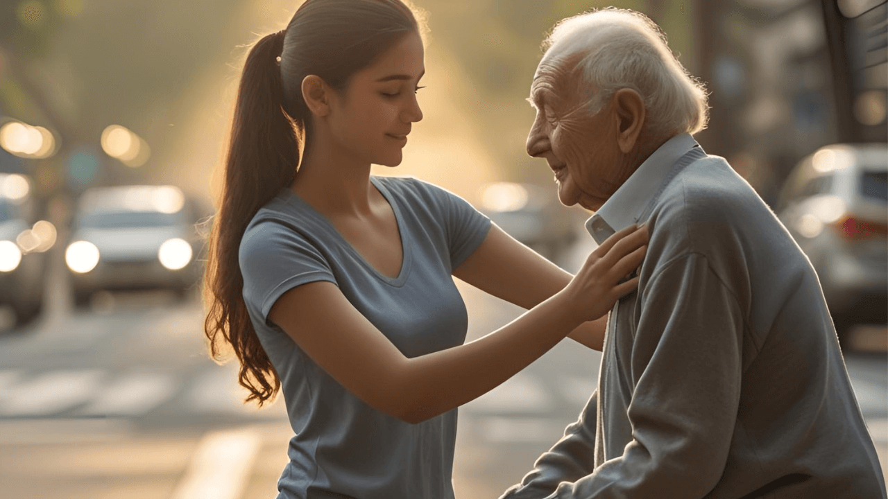 Imagem de uma mulher ajudando um idoso simbolizando a empatia pelo próximo 