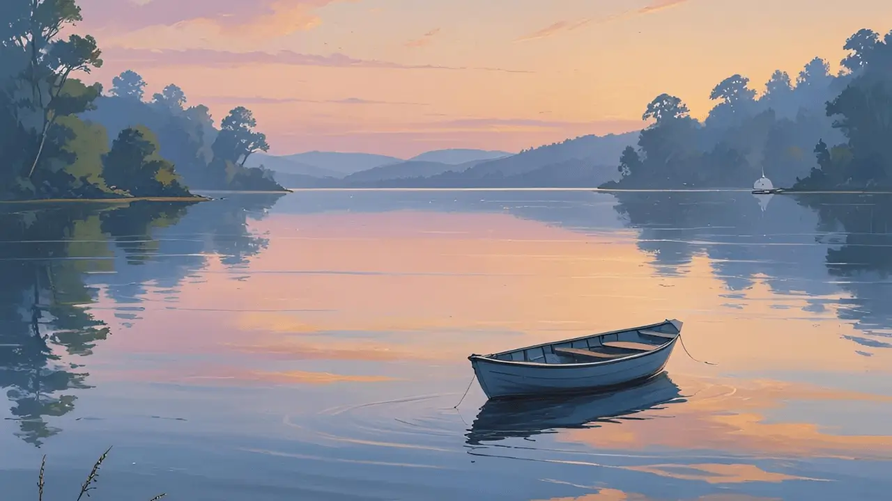 Uma vista de um barco em um lago representando a tranquilidade em Deus. Devocional de hoje
