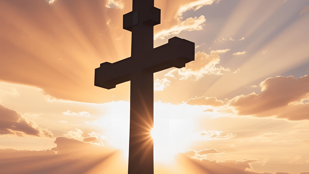Imagem de uma Cruz com o pôr do sol ao fundo, representando fé e esperança.