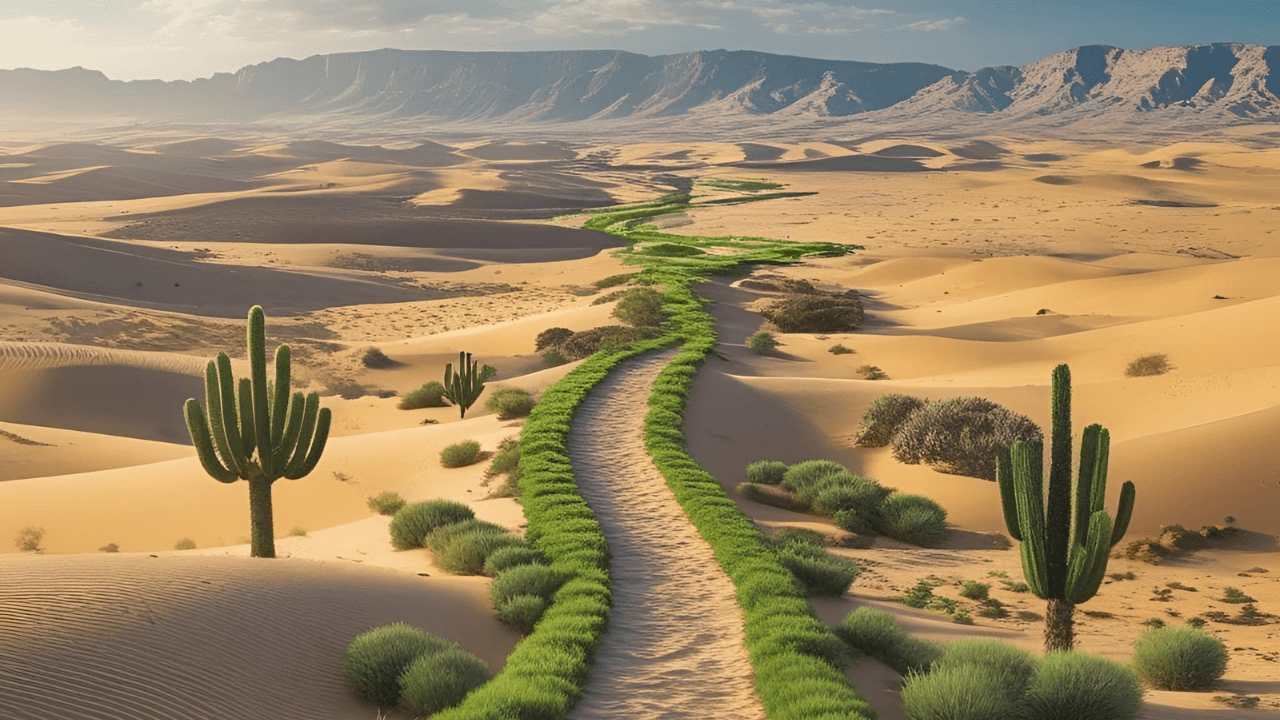 Imagem de um caminho aberto no deserto. que represente “esperança e recomeço”.