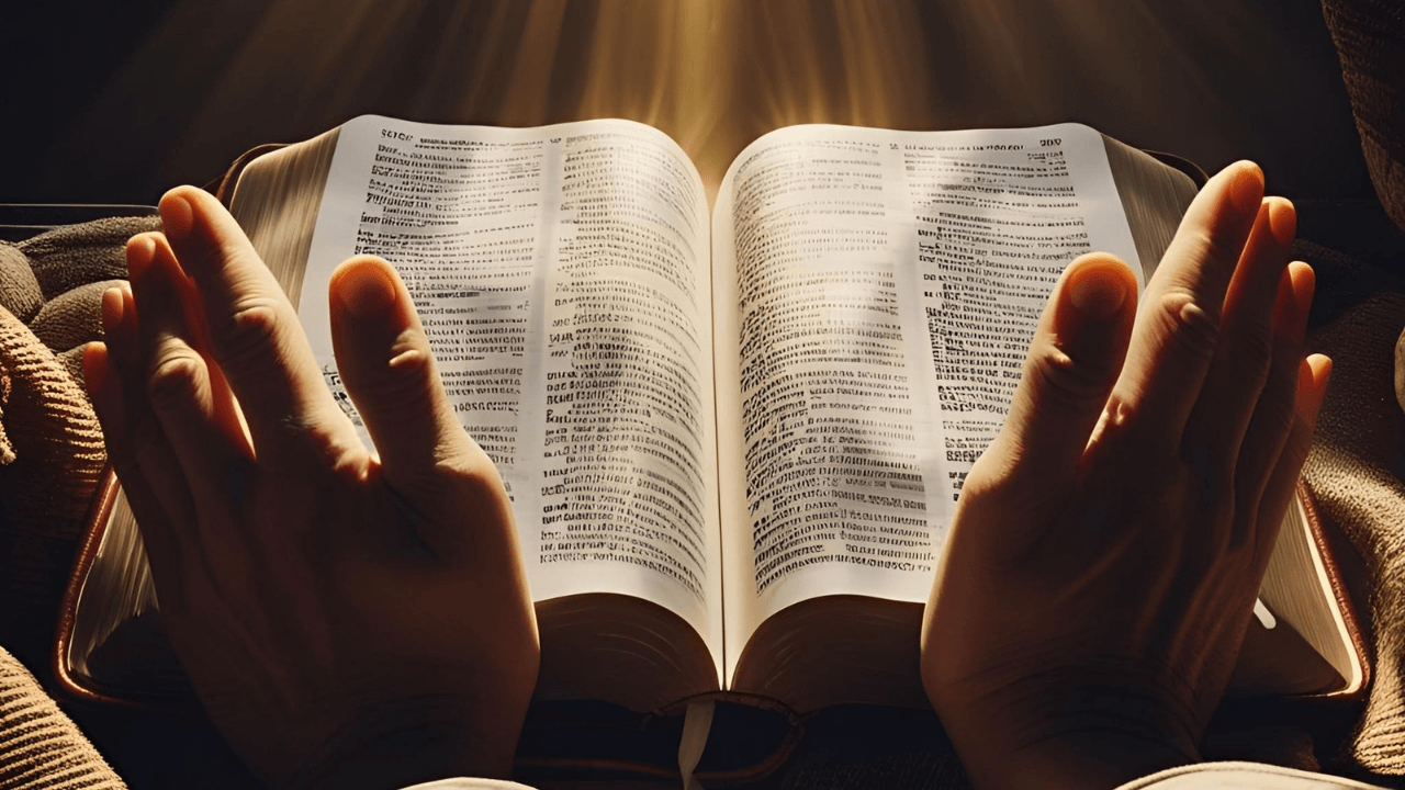 Imagem uma Bíblia aberta com luz incidindo. Representando uma pessoa fazendo um devocional.