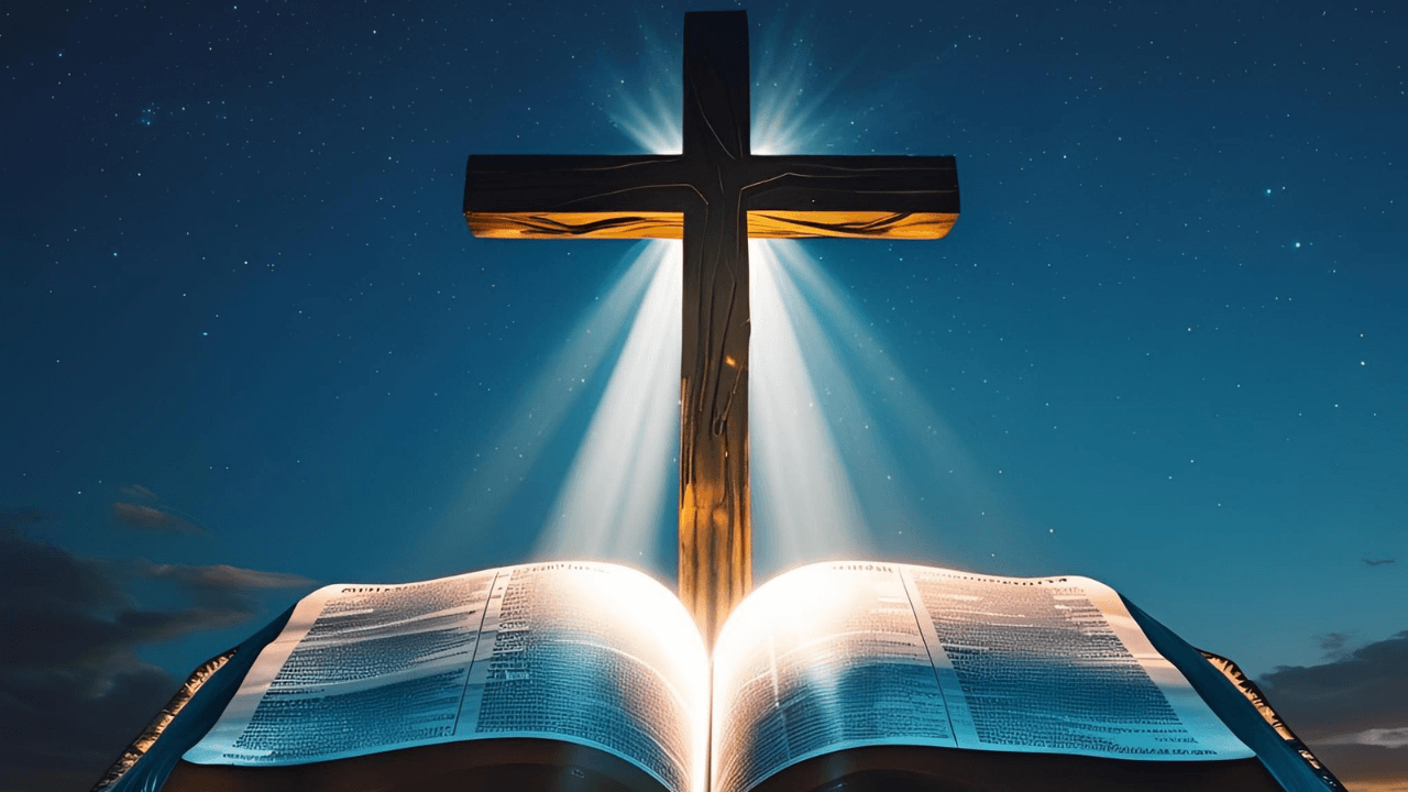 Um feixe de luz sobre uma Bíblia aberta com uma cruz Luz divina nos milagres de Jesus – fé e transformação