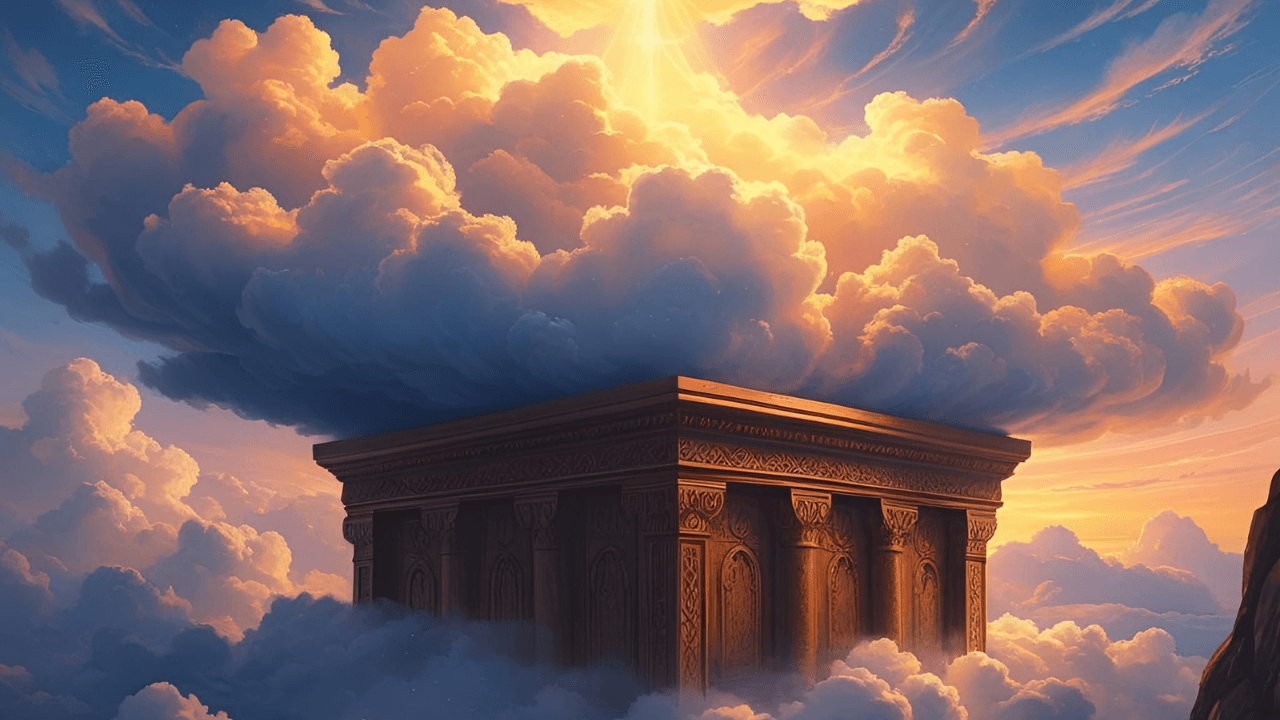 Ilustração simbólica de uma nuvem da presença de Deus sobre a Arca da aliança