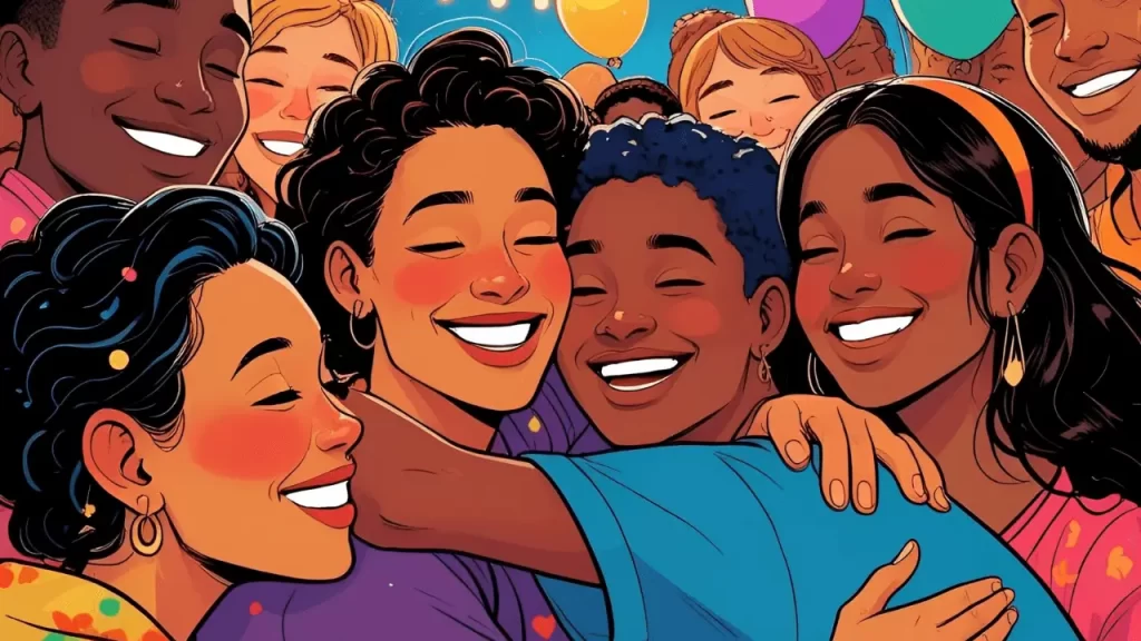 Imagem de pessoas se abraçando, sorrindo em comunhão, simbolizando apoio e encorajamento.