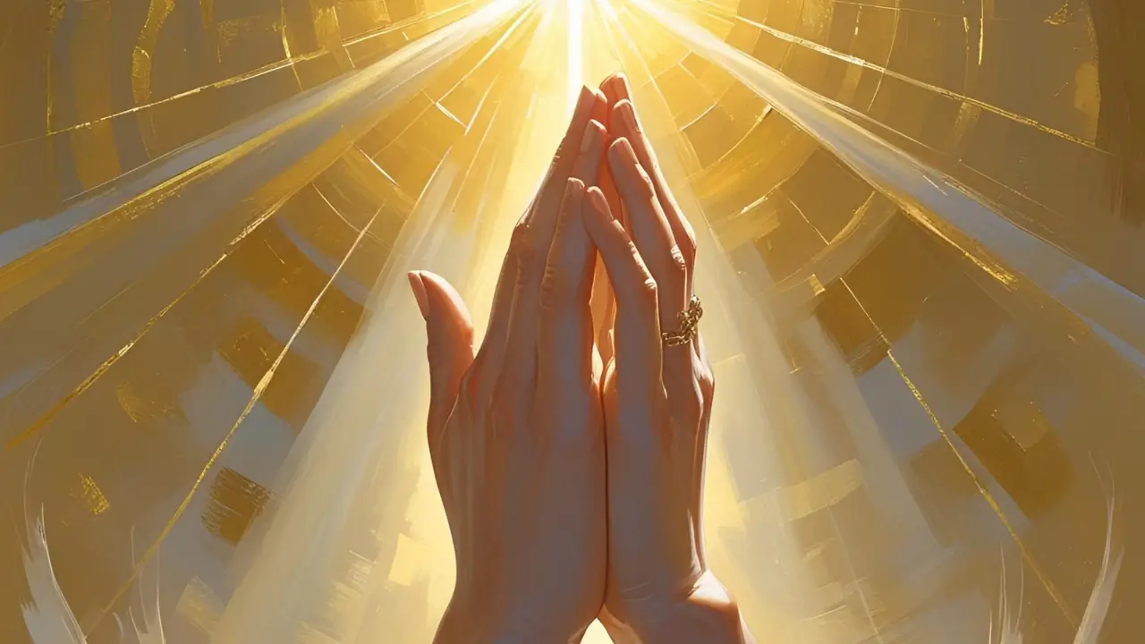 Pessoa orando ao amanhecer com mãos erguidas, refletindo entrega e renovação espiritual.