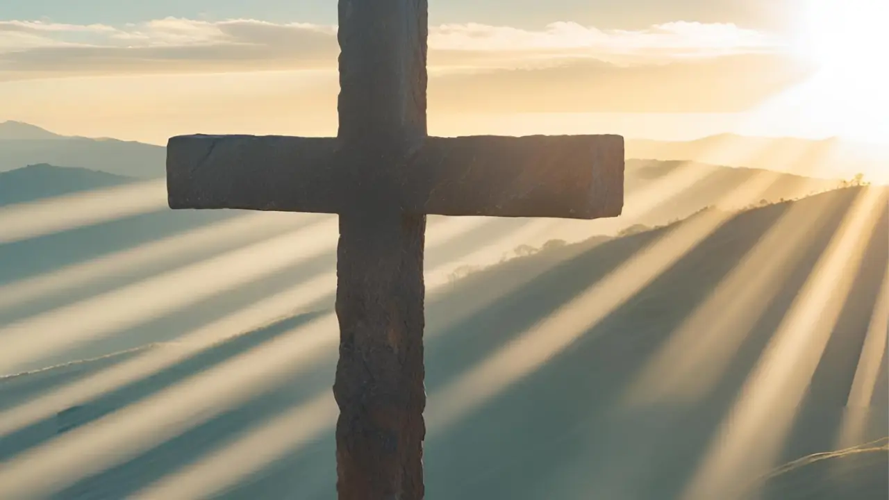 Cruz sobre uma colina com raios de sol ao fundo. simbolizando esperança e misericórdia renovada