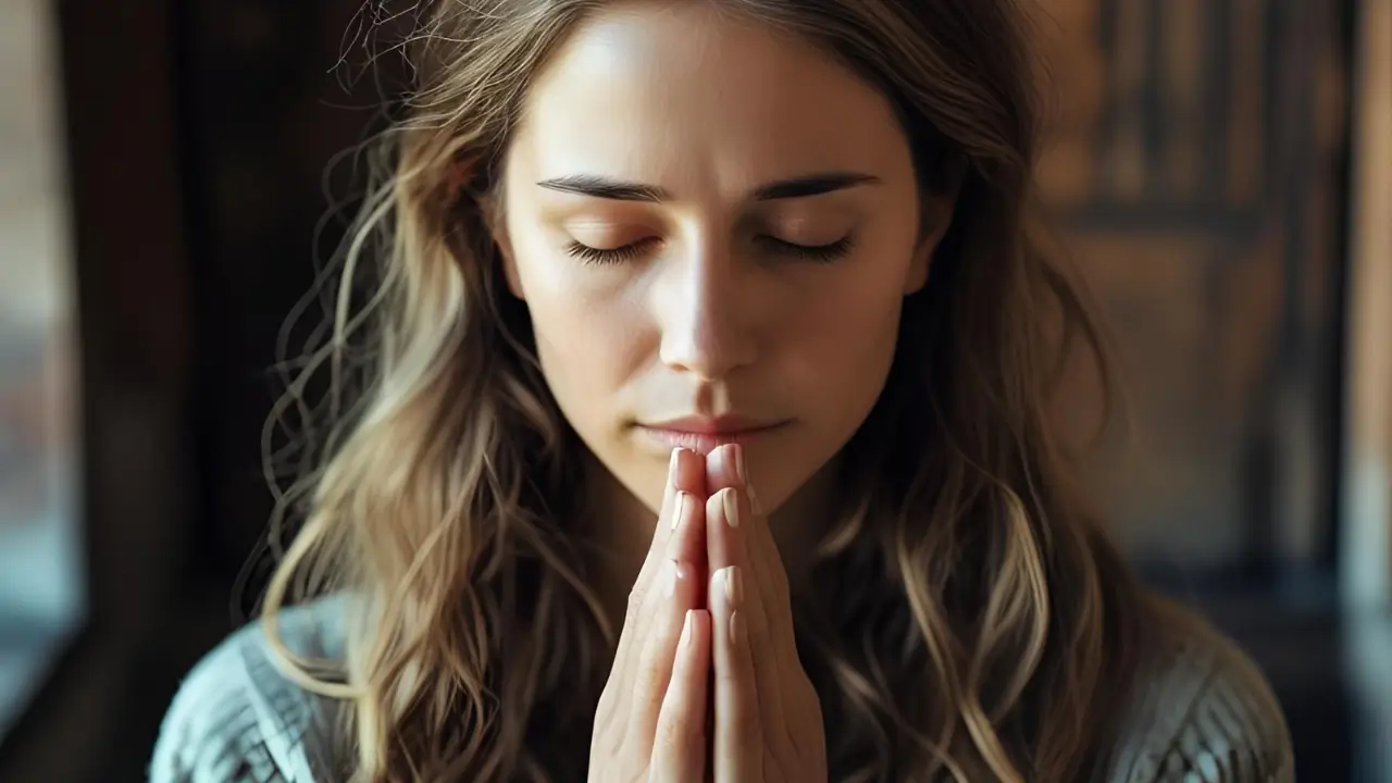 Pessoa orando em silêncio com expressão de paz, representando entrega e confiança em Deus.
