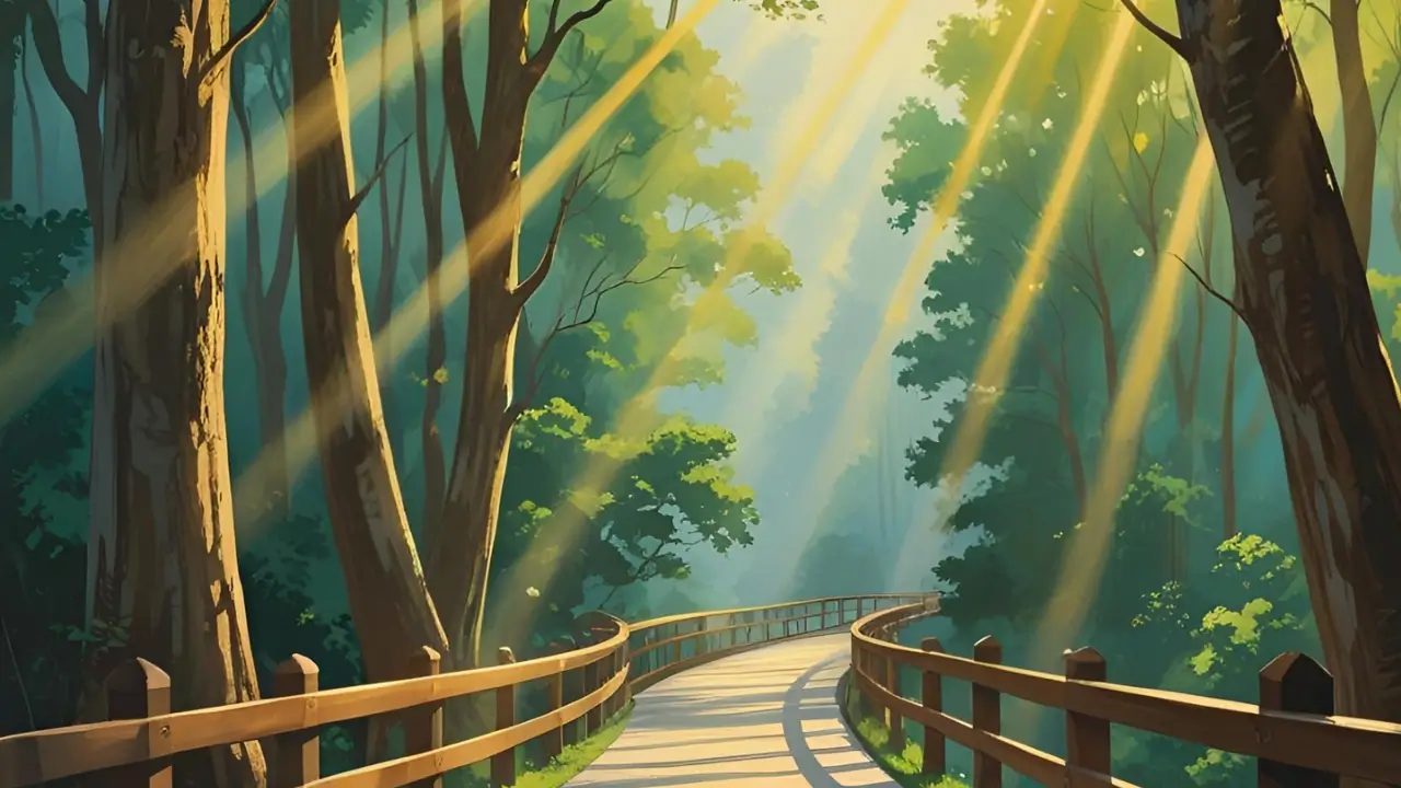 Caminho iluminado simbolizando avanço na fé e paz constante na jornada espiritual.