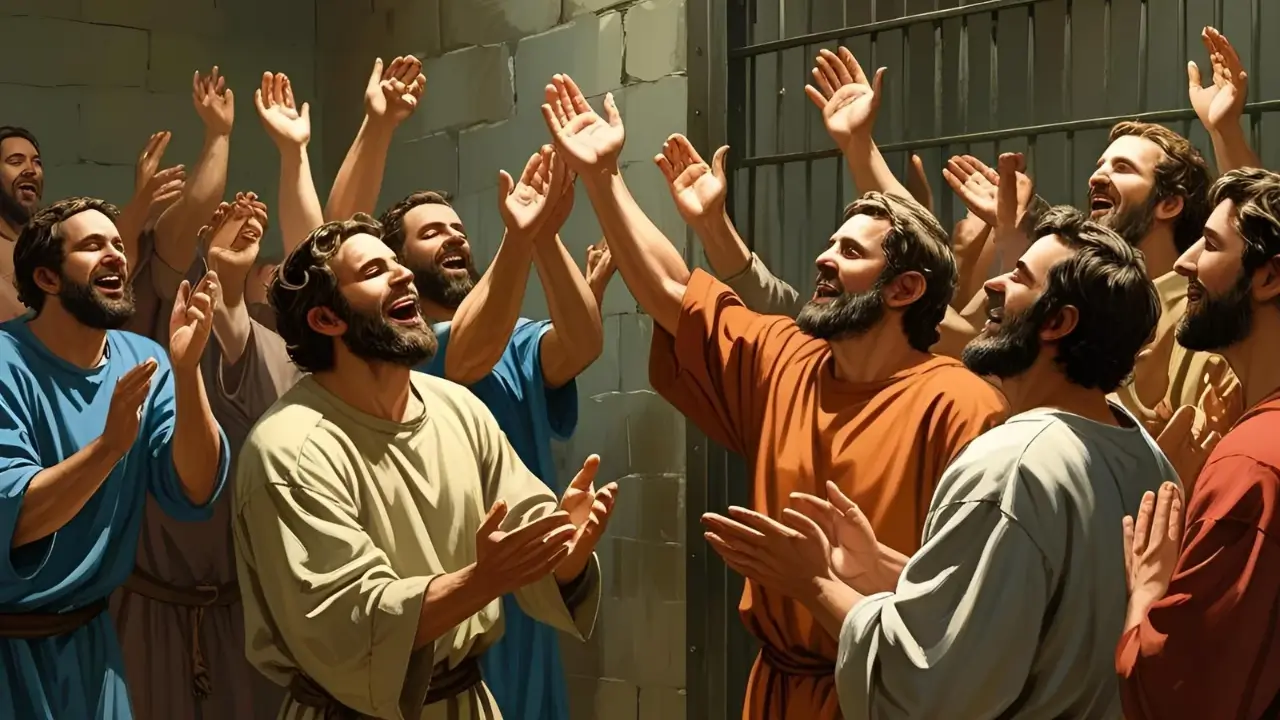 Paulo e Silas louvando na prisão, demonstrando gratidão antecipada.
