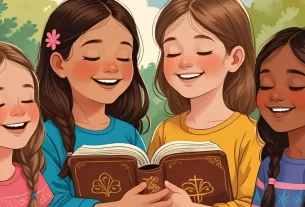 Crianças felizes aprendendo sobre a Bíblia com material ilustrado.