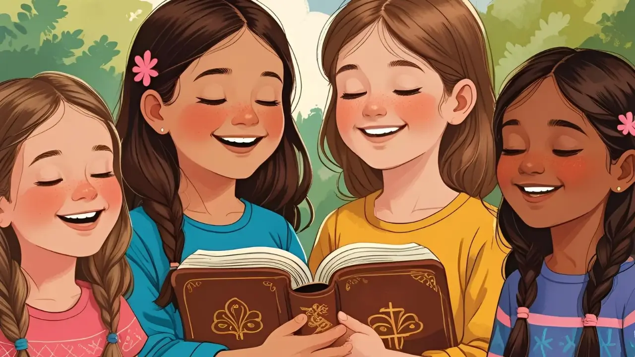 Crianças felizes aprendendo sobre a Bíblia com material ilustrado.