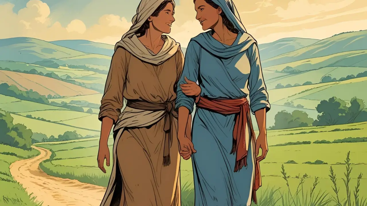 Rute caminhando com Noemi rumo a Belém, símbolo de coragem e fé