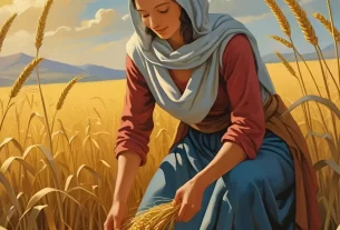 Rute colhendo espigas no campo, em atitude humilde e perseverante