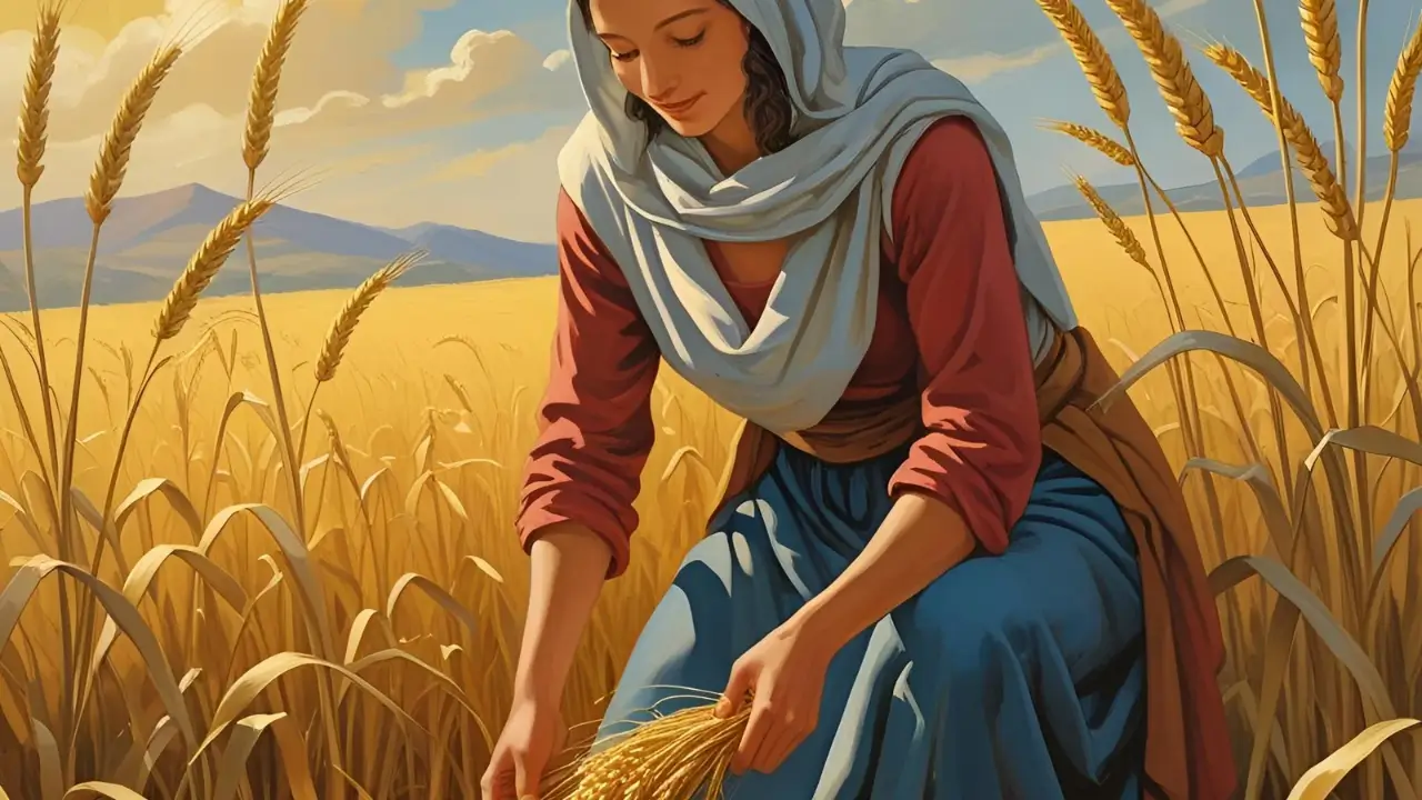 Rute colhendo espigas no campo, em atitude humilde e perseverante