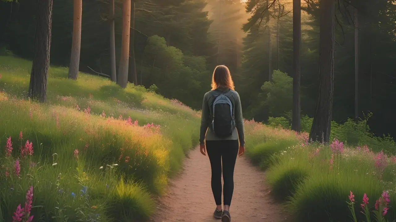 Pessoa caminhando em uma trilha, simbolizando a jornada e crescimento na vida cristã