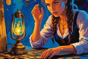 Representação artística de uma mulher segurando uma moeda representando a Dracma Perdida.