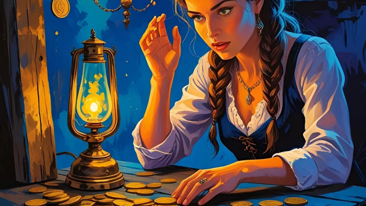 Representação artística de uma mulher segurando uma moeda representando a Dracma Perdida.