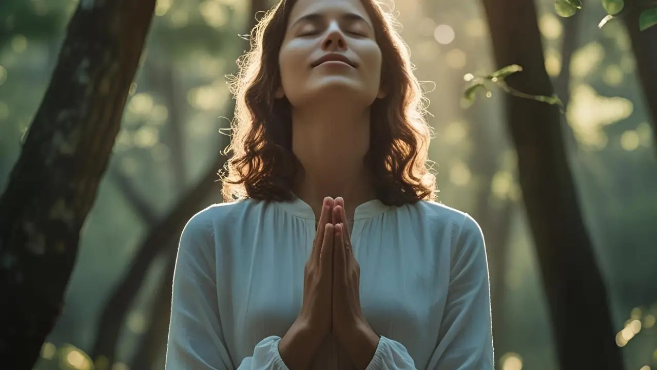Uma pessoa com semblante pensativo, refletindo e em oração.