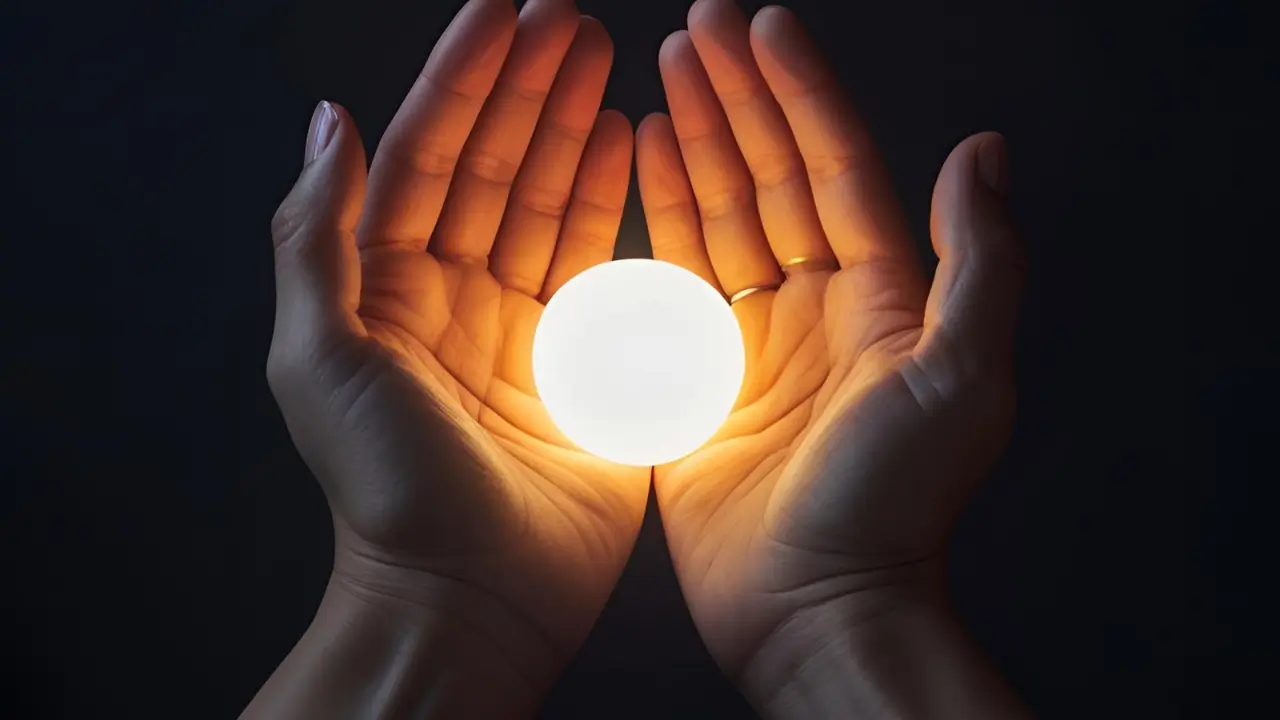 Mãos segurando uma luz, simbolizando a revelação divina e o início do processo de restauração interior.
