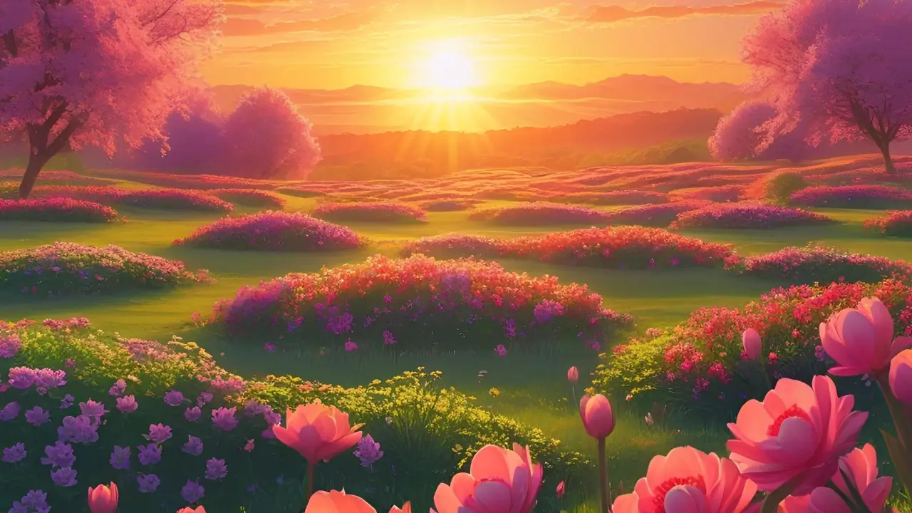 Jardim bonito com flores coloridas e o sol brilhando ao fundo, simbolizando renovo, esperança e a beleza da restauração espiritual.