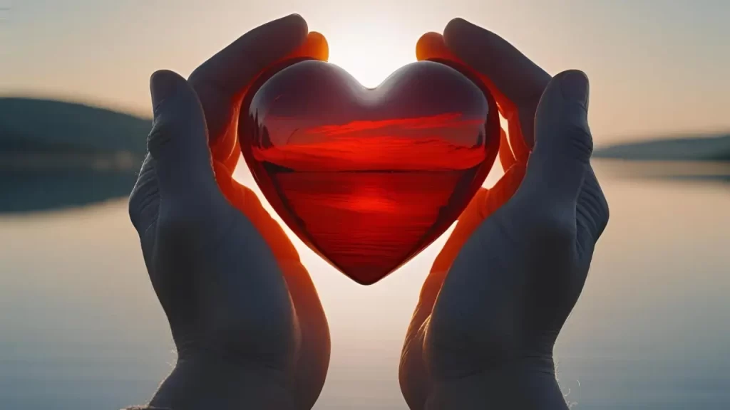 Coração sendo segurado em mãos como símbolo de entrega e paz interior.