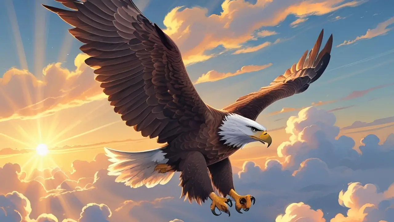 Imagem inspiradora de uma águia voando alto ao amanhecer, simbolizando força e renovação espiritual para começar um Devocional