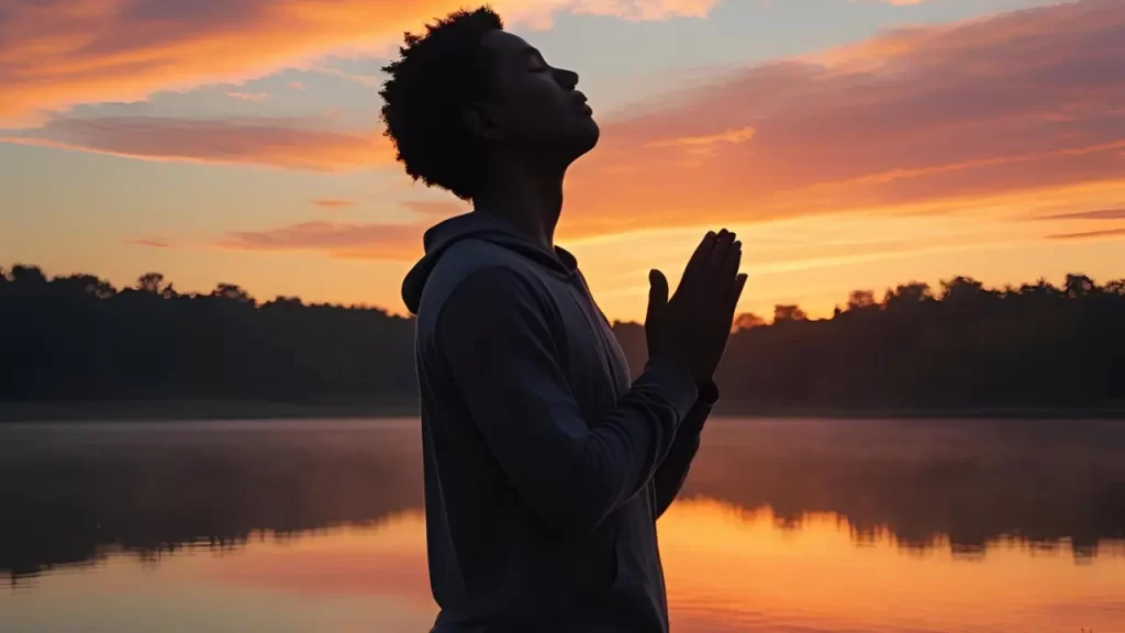 Imagem de uma pessoa em oração ao nascer do sol 