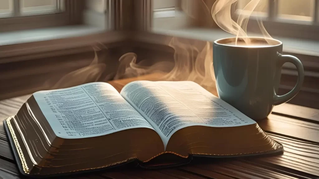 Imagem de uma Bíblia aberta, acompanhada de uma caneca de café, representando momentos devocionais e reflexão pessoal.