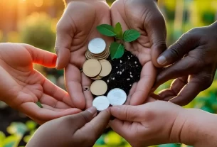 Mãos segurando sementes e dinheiro com responsabilidade, representando mordomia cristã na vida financeira.