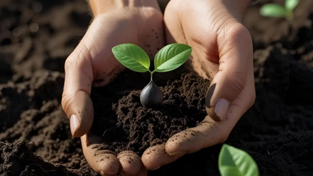 Mão plantando sementes em solo preparado, simbolizando o cultivo do coração espiritual
