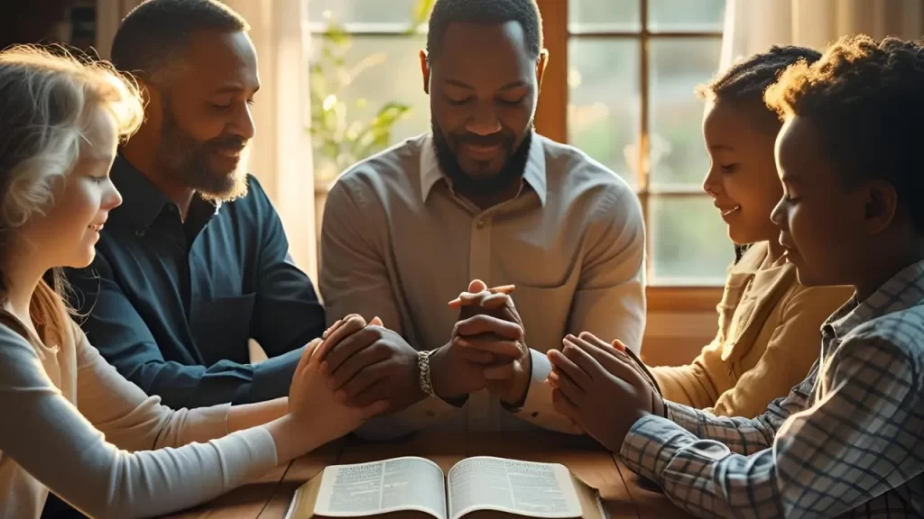 Família reunida lendo a Bíblia, representando o devocional como prática espiritual coletiva