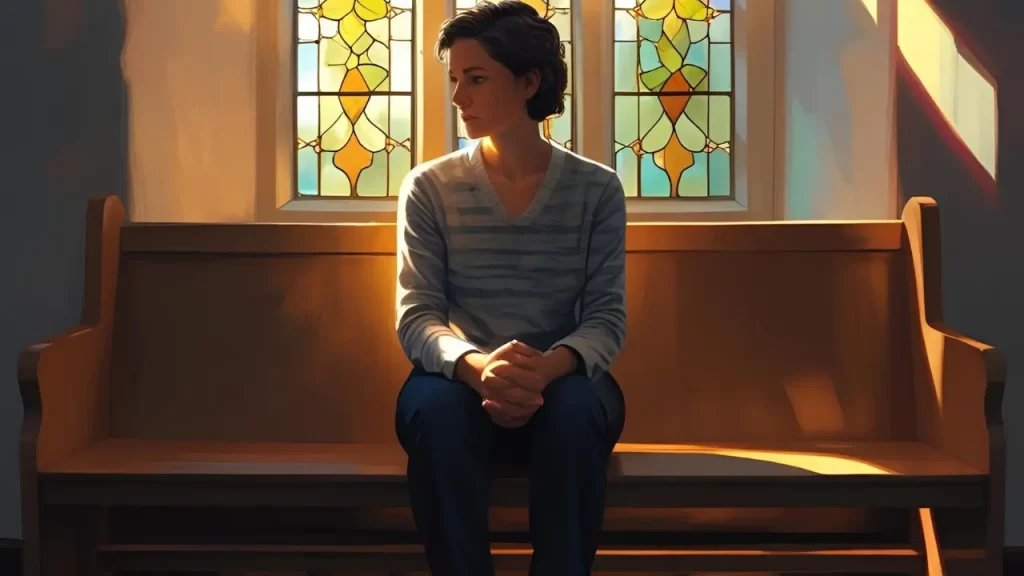 mulher sentado em silêncio, com expressão de preocupação, ilustrando como Deus está presente na fraqueza e sofrimento.