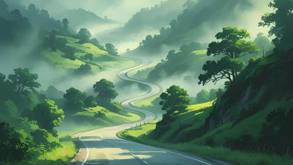 Estrada com neblina simbolizando caminhos incertos e a confiança em Deus.