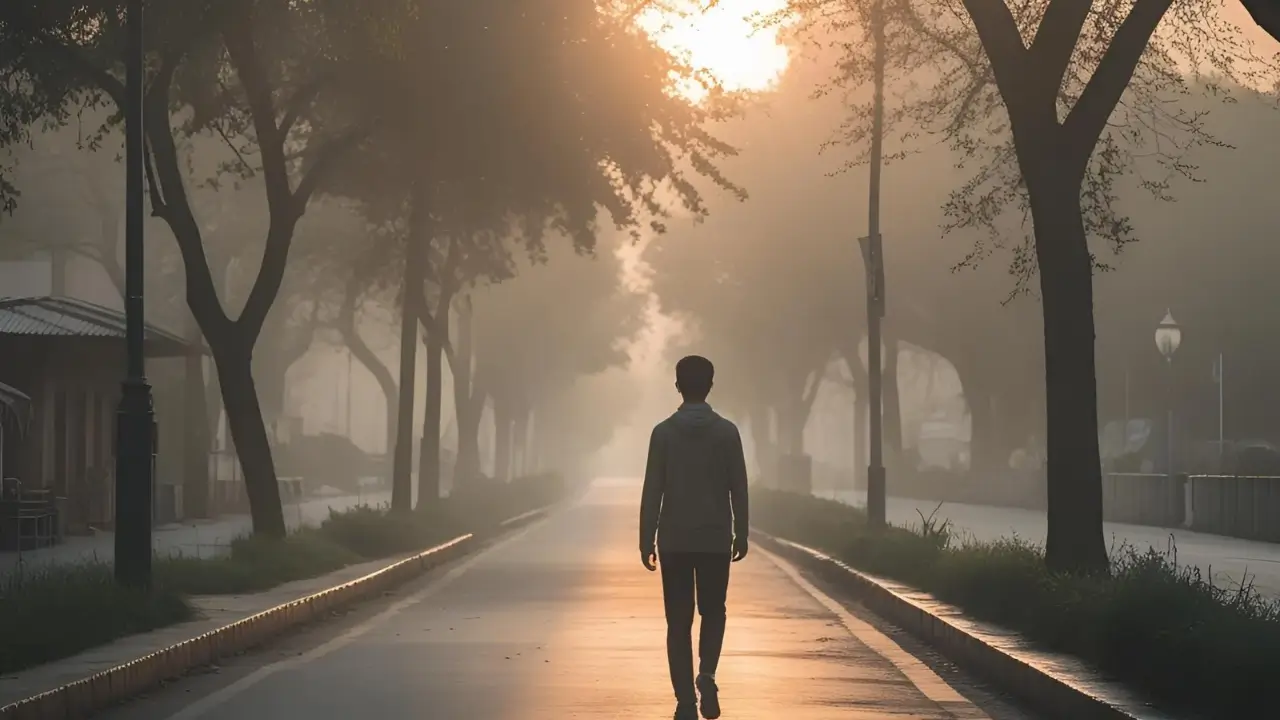 Imagem do Devocional. Pessoa caminhando sozinha por uma estrada, com luz suave simbolizando a presença de Deus no cotidiano.