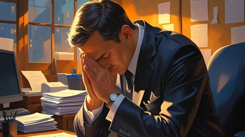 Cristão orando discretamente em sua mesa de trabalho, representando fé no ambiente profissional.