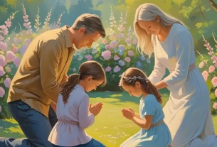 Imagem de uma família orando juntos com seus filhos.