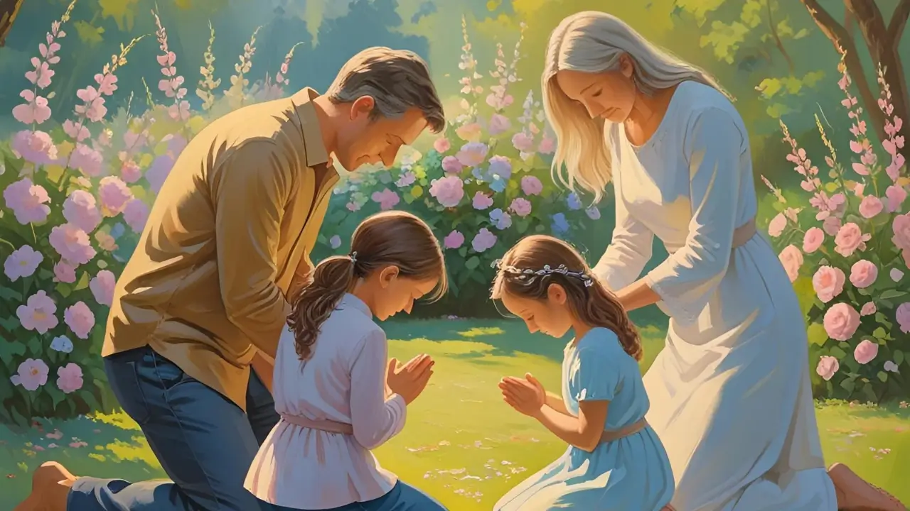 Imagem de uma família orando juntos com seus filhos.