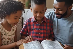 Imagem de pais lendo a Bíblia com filhos. Devocional