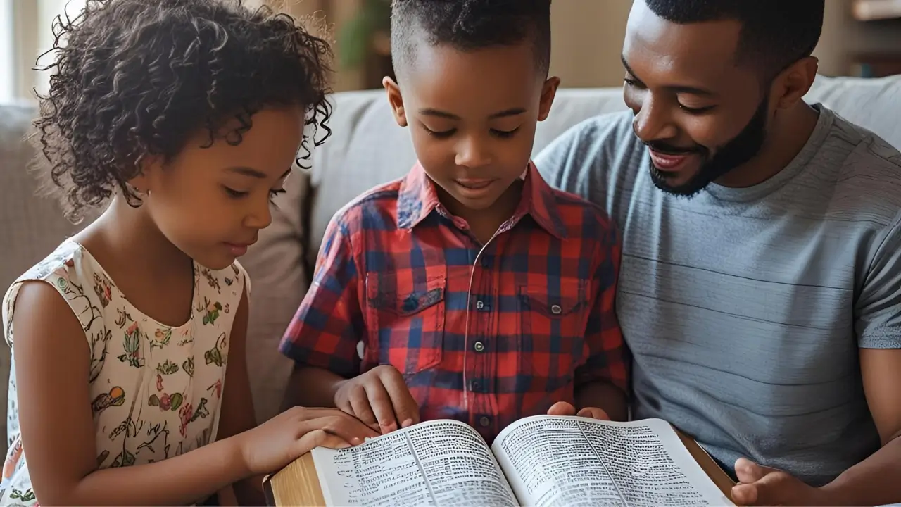 Imagem de pais lendo a Bíblia com filhos. Devocional