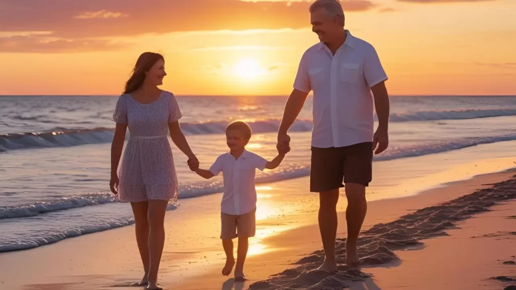 Imagem de um pôr do sol com pais e filhos de mãos dadas, simbolizando legado.