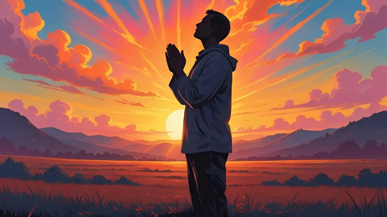 Pessoa em oração ao nascer do sol, simbolizando esperança renovada em Deus. Para o Devocional.