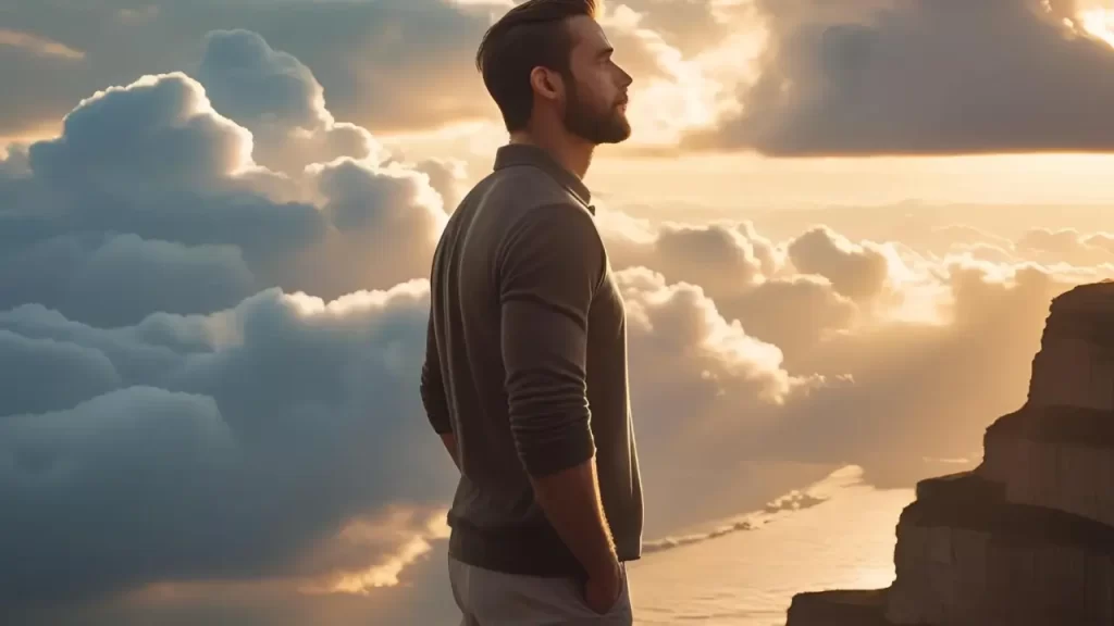 Homem olhando para o horizonte com expressão de fé e firmeza, representando confiança nas promessas de Deus.