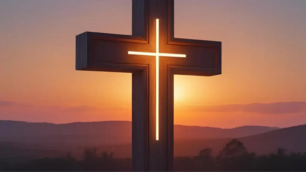 Cruz iluminada ao pôr do sol, simbolizando a graça e a misericórdia de Deus para os humildes.