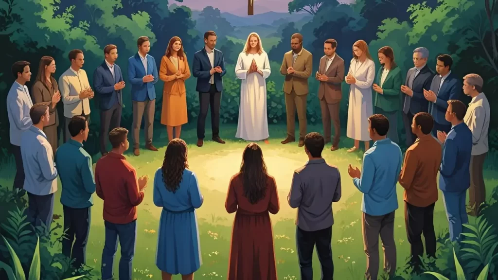 Pessoas reunidas em roda, conversando e orando juntas, representando comunhão e participação cristã.